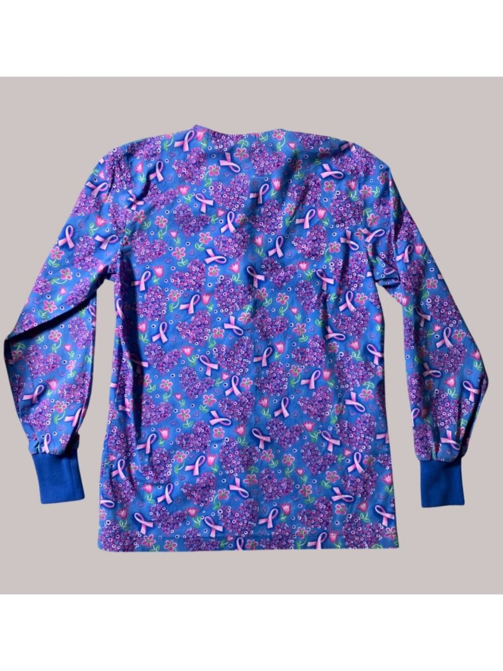 Peaches Womens Blue Pink Ribbon and Floral Print Scrub Jacket100% Cotton - Picture 10 of 13